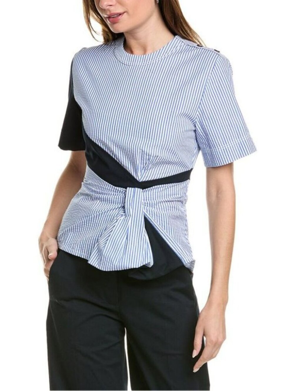 Striped Blue and Black Short Sleeve Tie-Front Blouse
